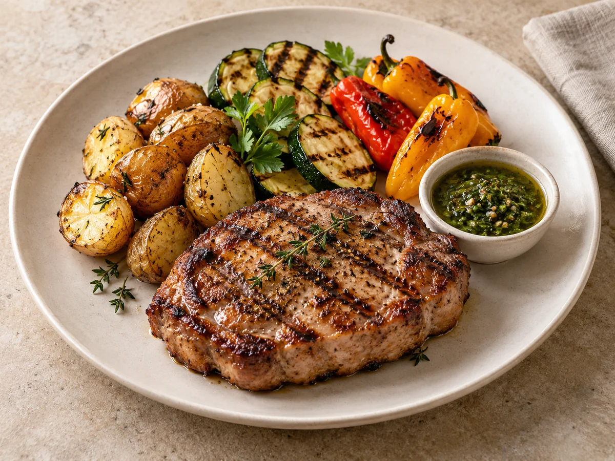 KI-Genussidee: grilliertes Schweinshalssteak mit Gemüse, Kartoffeln und Kräutersauce.