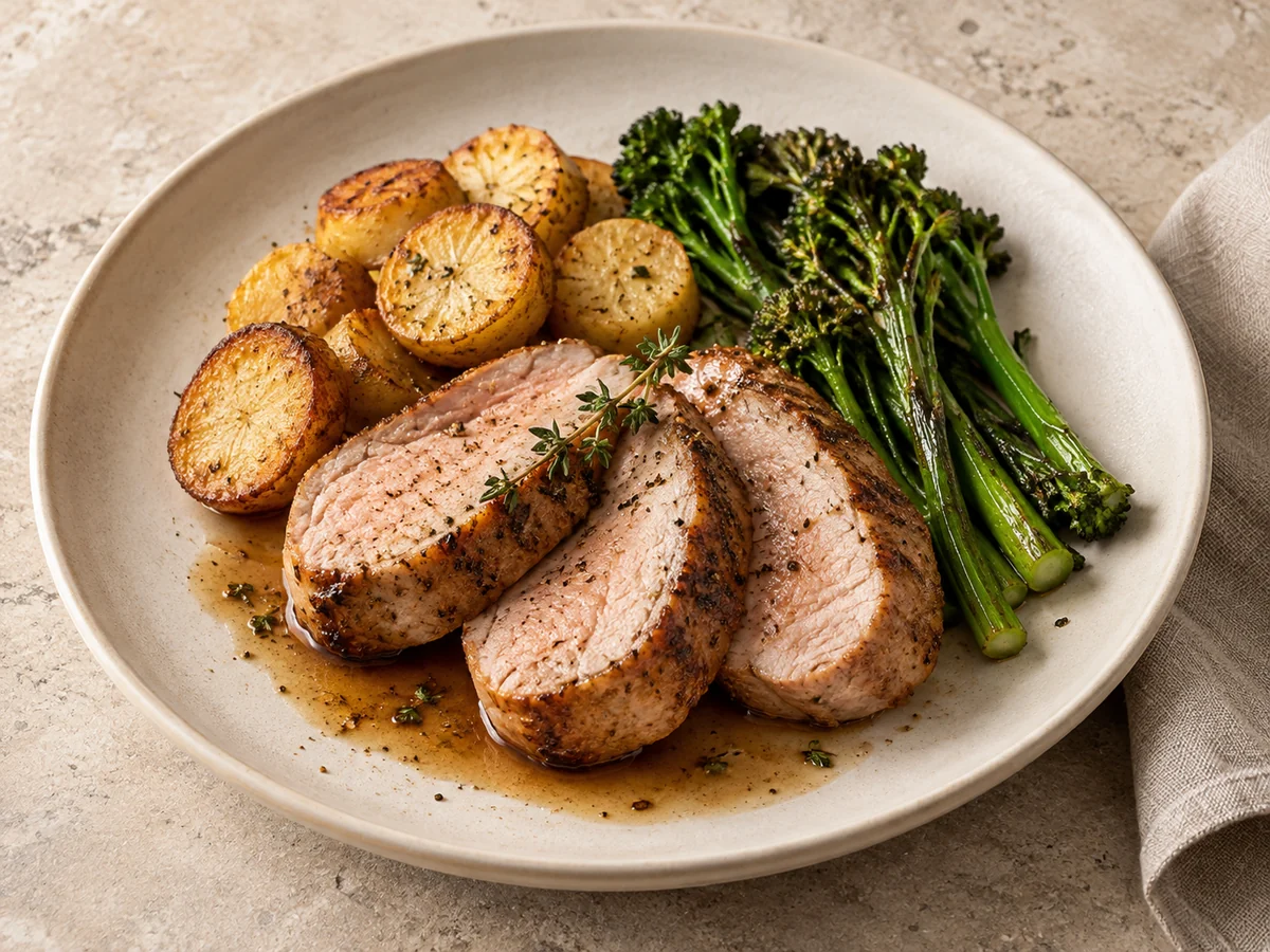 KI-Genussidee: gebratenes Schweinsnierstück mit Kartoffeln, Broccolini und Jus.