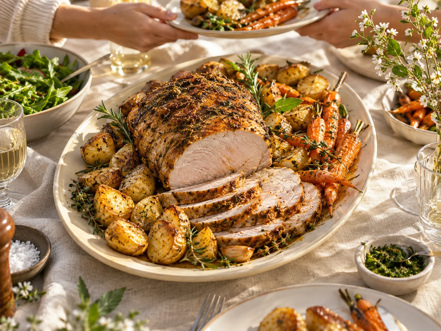 Genussidee: Aufgeschnittener Schweinebraten mit Gemüse auf einem gedeckten Tisch.