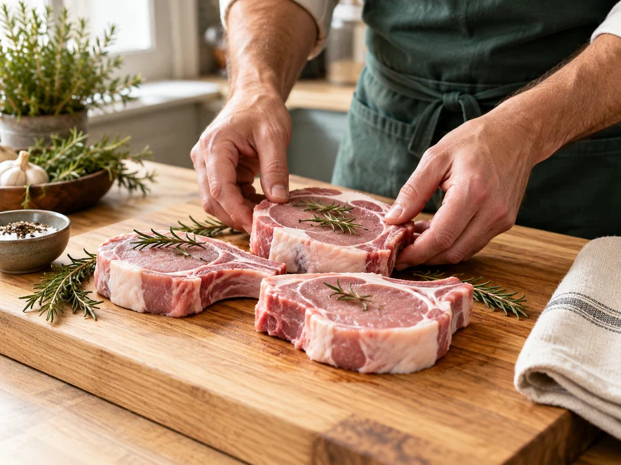 Symbolbild: Schweinekoteletts werden für die Verarbeitung vorbereitet.